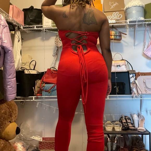 Sleeveless Red Jumpsuit w/ Back Out - Picture 2 of 4